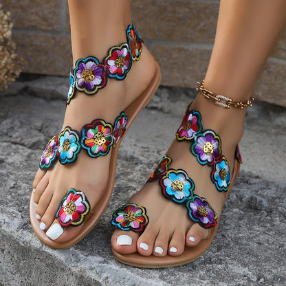 Bohemian Floral Flat Sandals for Women - Ethnic Summer Beach Shoes | Casual Vacation Footwear