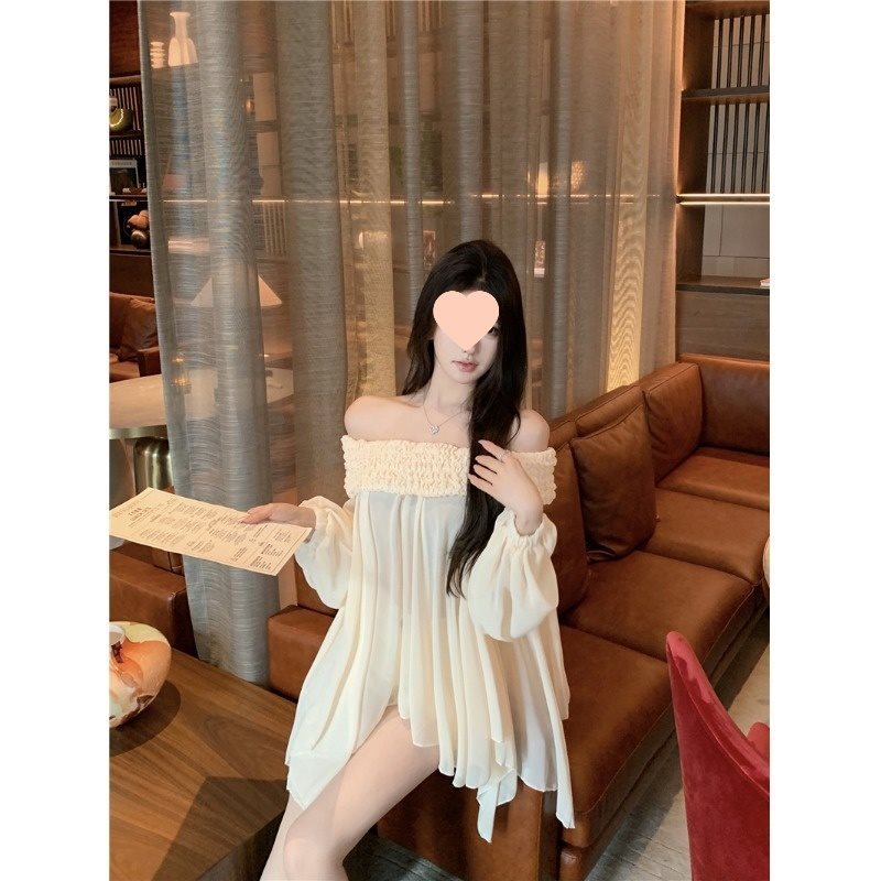 Off-shoulder Long Sleeve Chiffon Shirt Loose Mid-length Thin Top