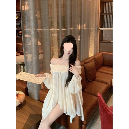 Off-shoulder Long Sleeve Chiffon Shirt Loose Mid-length Thin Top