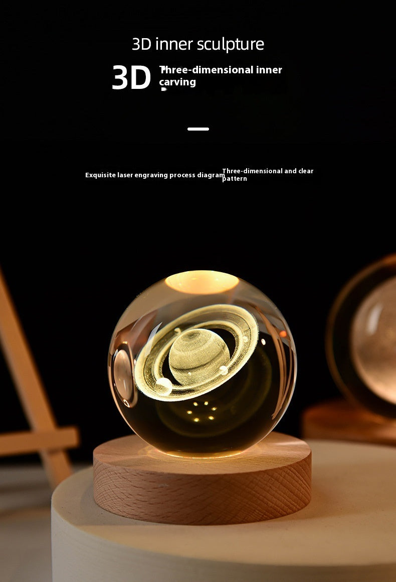 3D Crystal Ball Night Light - USB Powered Projection Lamp with Wooden Base | Moon, Ferris Wheel & Forest Designs