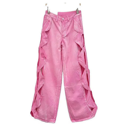 SpringSummer Side-Stranded Braid Ripped Casual Straight-Leg Wide-Leg Denim Jeans