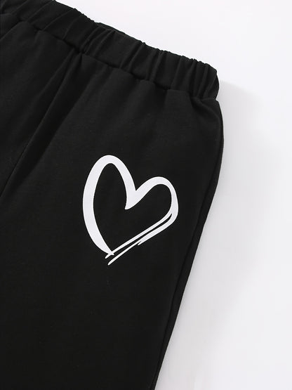 Girls' Fashion Set: Heart Print Round Neck Short Sleeve T-Shirt & Sweatpants 2pcs Casual Cotton Outfit, Perfect for Outdoor