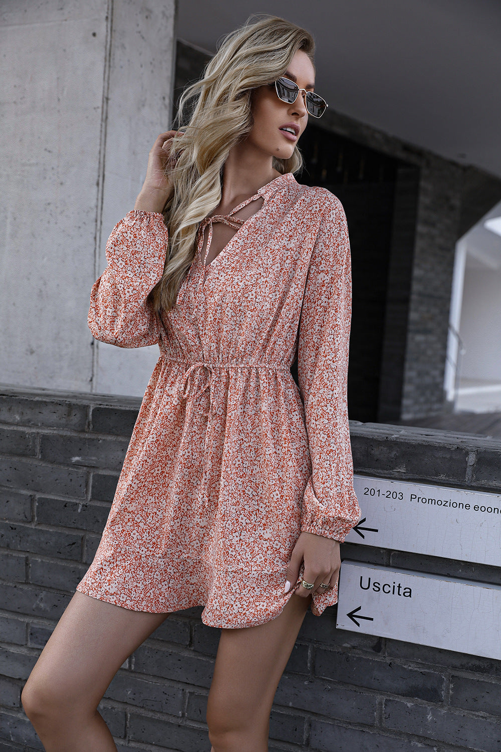 Lace V-Neck Floral Long Sleeve Mid-Length Dress Women