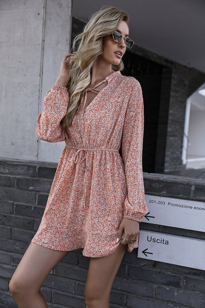 Lace V-Neck Floral Long Sleeve Mid-Length Dress Women