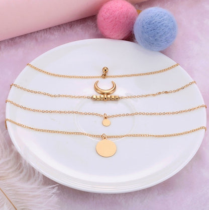 Retro Ethnic Style Moon Horn Disc Alloy Multilayer Necklace