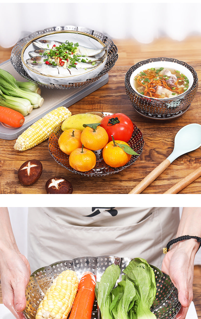 A generation of extra thick stainless steel retractable steamer plate foldable fruit plate kitchen steamer cage artifact