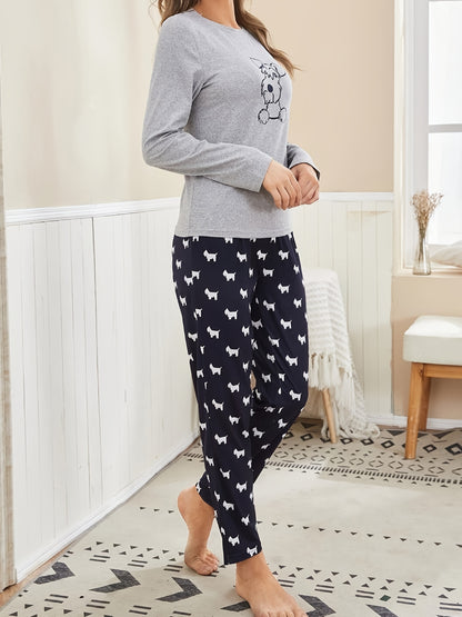 Cartoon Dog Print Pajama Set, Long Sleeve Crew Neck Top & Elastic Waistband Pants, Women's Sleepwear & Loungewear