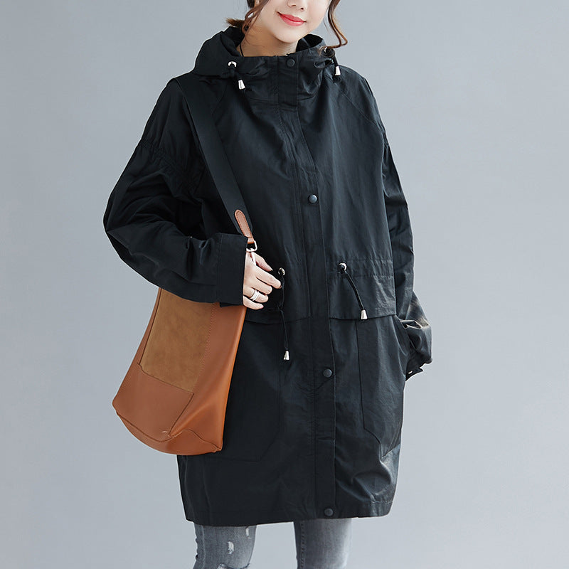 Large size autumn 200 kg Korean loose mid-length hooded trench coat