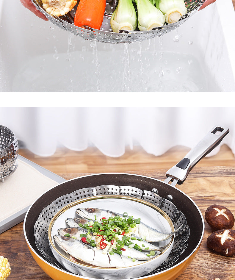 A generation of extra thick stainless steel retractable steamer plate foldable fruit plate kitchen steamer cage artifact