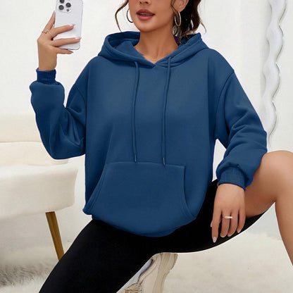 All-matching Loose Drawstring Pocket Sweatshirt Long Sleeve Women