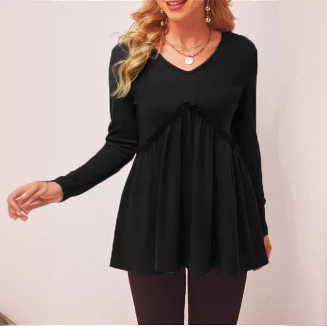 Loose-fit Ruffled Pleated V-neck T-shirt For Women