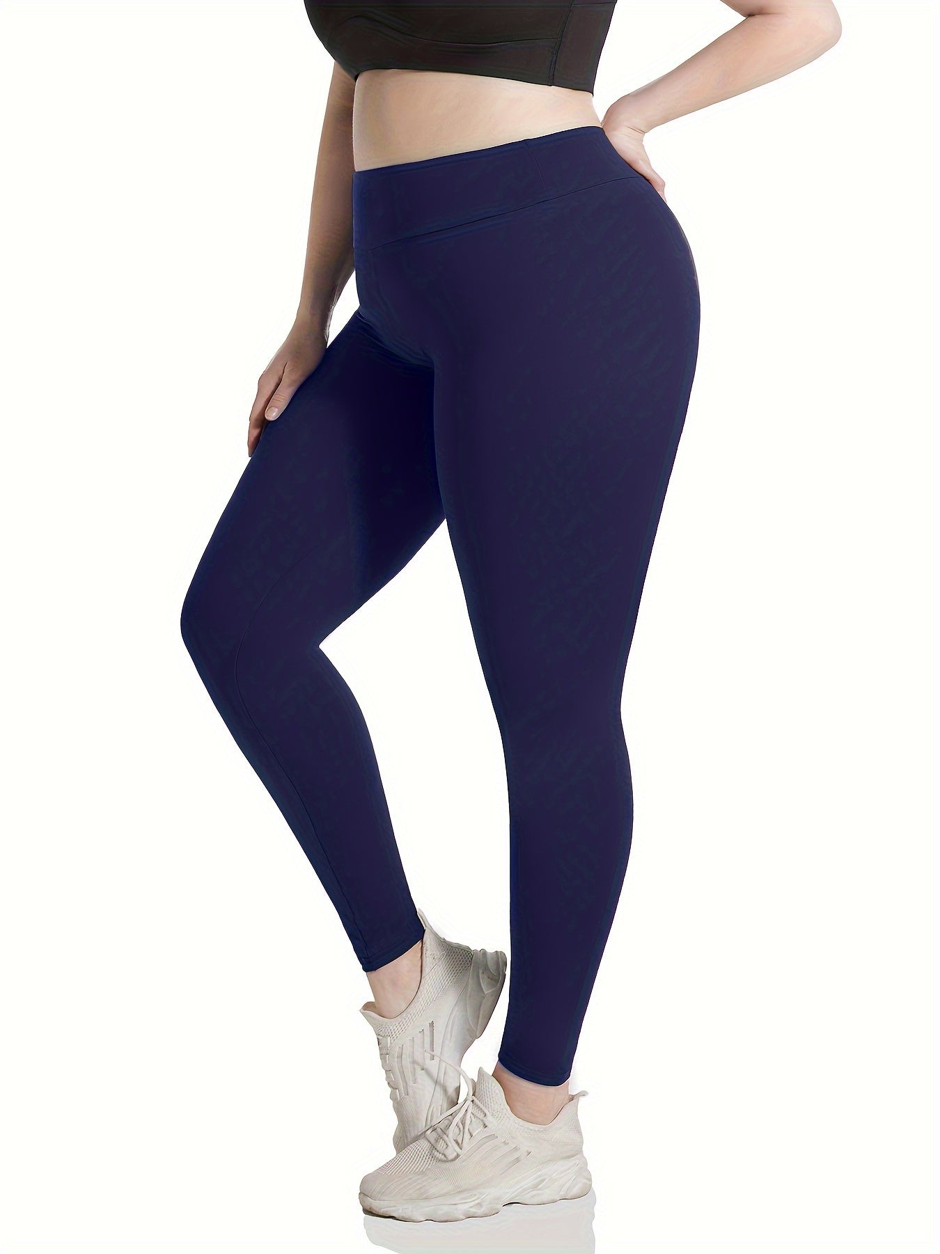 Plus Size High Waist Solid Color Stretchy Leggings, Women's Plus High Stretch Yoga Leggings, Sports Pants Spring/Autumn