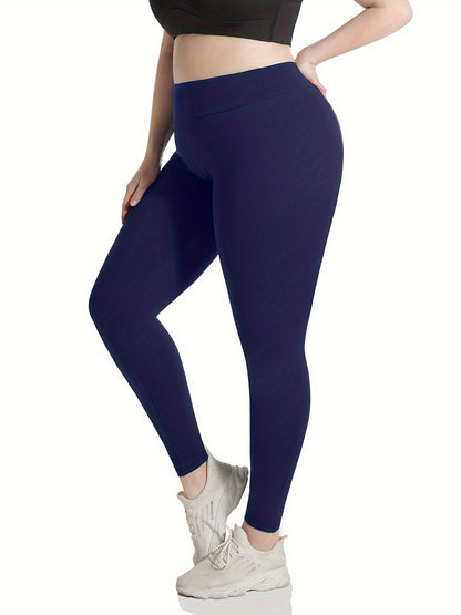 Plus Size High Waist Solid Color Stretchy Leggings, Women's Plus High Stretch Yoga Leggings, Sports Pants Spring/Autumn