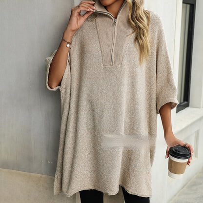 Women's Fashionable Mid-length Zipper And Lapel Sweater