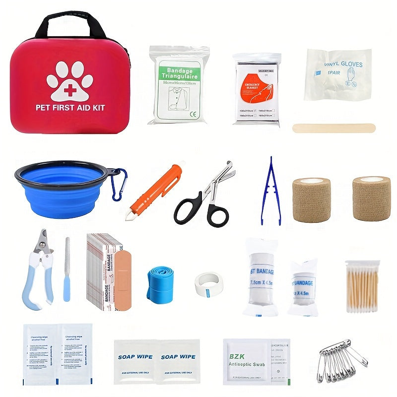 PawPals 90-Piece Portable Pet First Aid Kit for Dogs & Cats - Emergency Travel & Home Pet Care Supplies with Collar, Scissors, Tweezers, Bandages, Antiseptic Wipes & More