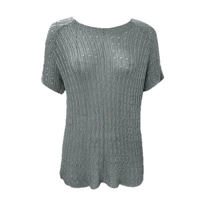 Women's Solid-color Crew-neck Hollow-out Mesh Knit Short-sleeve