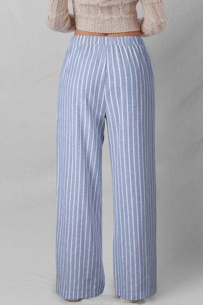 Sky Blue Stripe Buttoned Detail Loose Casual Pants