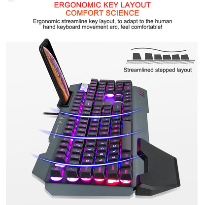 Ergonomische kabelgebundene Gaming-Tastatur mit RGB-Hintergrundbeleuchtung und Handyhalterung