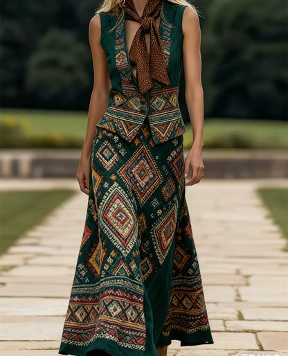 Women's Sleeveless Suit Collar Button-down Casual Skirt Suit