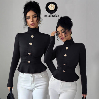New Autumnwinter High-neck Pleated Top With A Figure-flattering Design