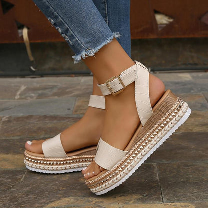 Women's Platform Wedge Sandals - Buckle Strap Hemp Espadrille Peep Toe Summer Shoes