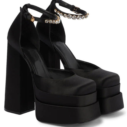 Super High Heel Platform Thick Heel Hollow Square Toe Satin Hate Sky High Baotou Plus Size Catwalk Sandals High Heels