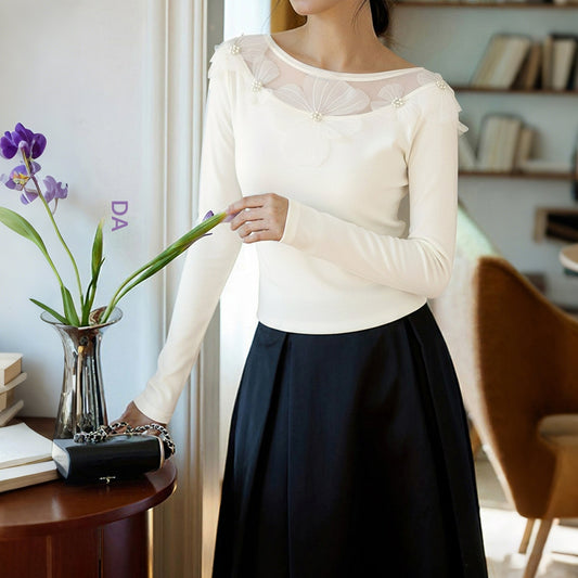Elegant Commuter-Style Slim-Fit Solid-Color Top With Three-Dimensional Floral Mesh Panels
