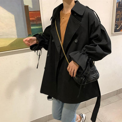 New Lantern Sleeve Loose Black Windbreaker Women's Wild Mid-length Coat