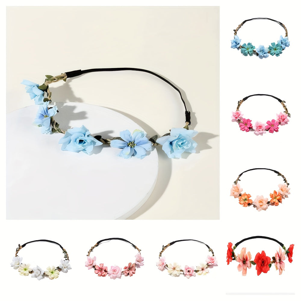 Adjustable Floral Garland Headband for Women & Girls - Multicolor Artificial Flower Crown with Soft Pastel Shades, Black Elastic Band & Golden Accents for Weddings, Festivals, Parties, Special Occasion Wear, Elegant Headpiece