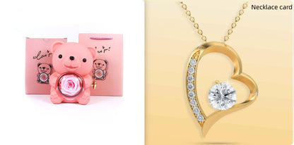 Rotating Bear Gift Box Eternal Rose Teddy Bear Jewelry Box With Necklace Valentine Wedding Special Present For Girlfriend Anniversary Gift Jewelry Box