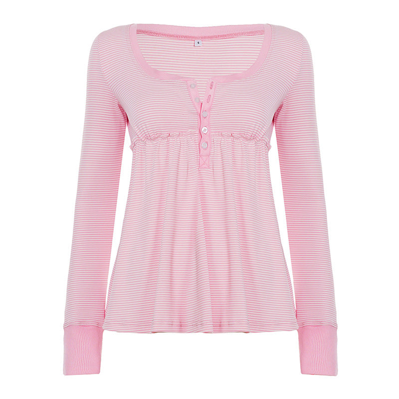 Soft Girl Pure Alluring Style U-Neck Semi-Open Collar Striped Knit Sweater