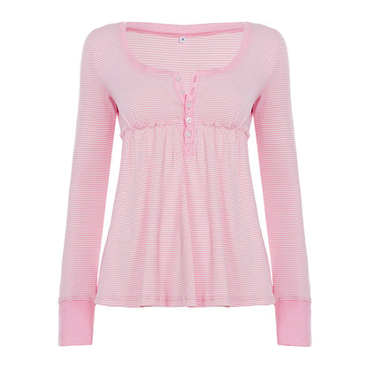 Soft Girl Pure Alluring Style U-Neck Semi-Open Collar Striped Knit Sweater
