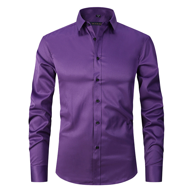 Solid Color Amazon Stretchy Plus-Size Men's Long-Sleeve Shirt, Men's Fashion Shirt, Slim Fit Outerwear
