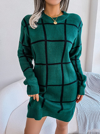 Premium Color Block Plaid Sweater Dress - Women's Long Sleeve Casual Bodycon Dress