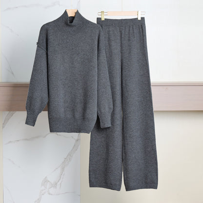 Casual Laid-back Style Solid Color Loose High Collar Knitted Sweater Suit