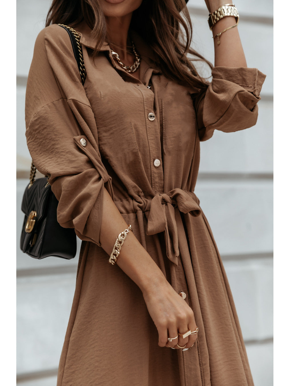 Women's Fashion Long Sleeve Mid-length Lace Up Dress