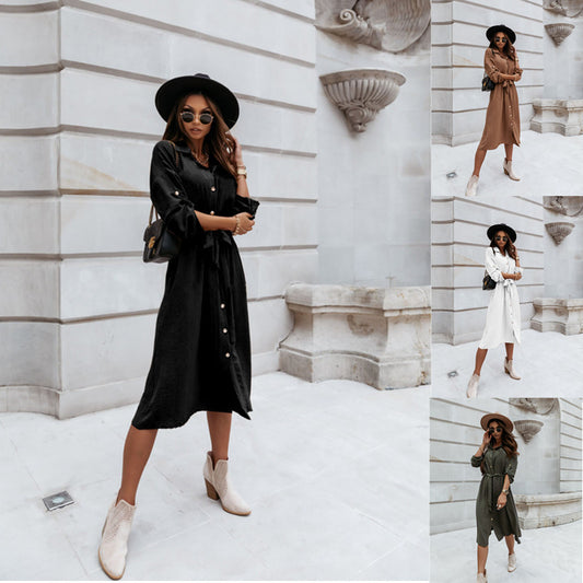 Women's Fashion Long Sleeve Mid-length Lace Up Dress