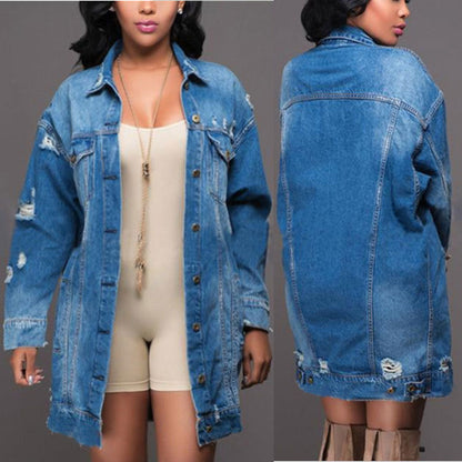 Mid-length Dark Ripped Denim Trench Coat