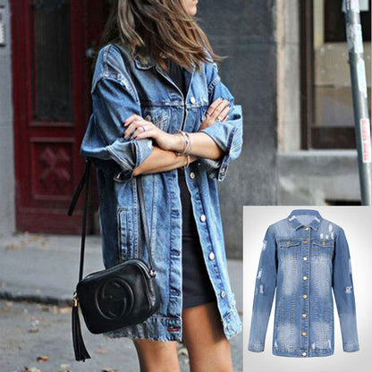 Mid-length Dark Ripped Denim Trench Coat