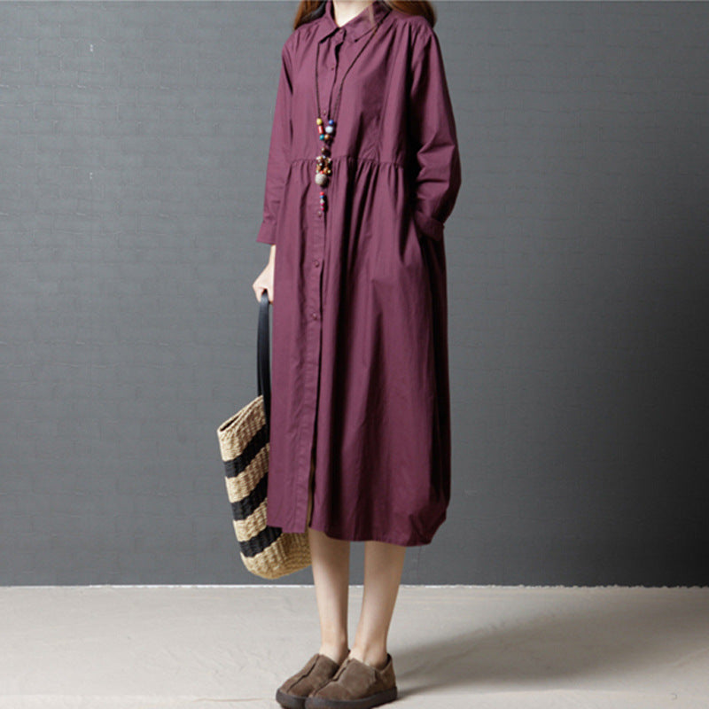Fashion Solid Color Long-sleeved Dress Mid-length Lapel