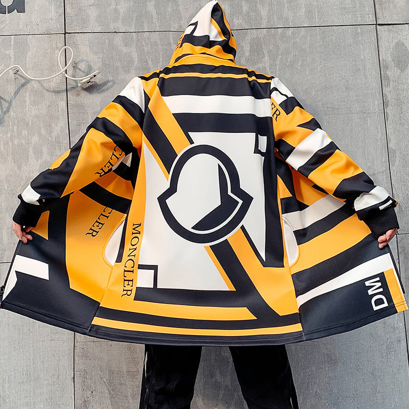 Korean Style Color-blocking Striped Mid-length Trench Coat