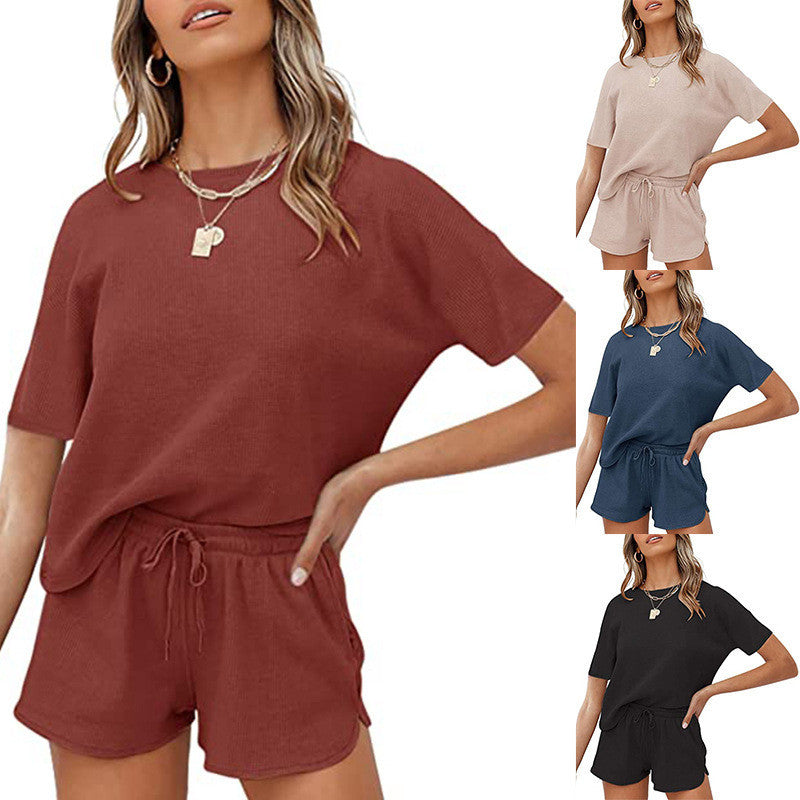 Short-sleeved Two-piece Threaded Sports Round Neck Casual Home Wear