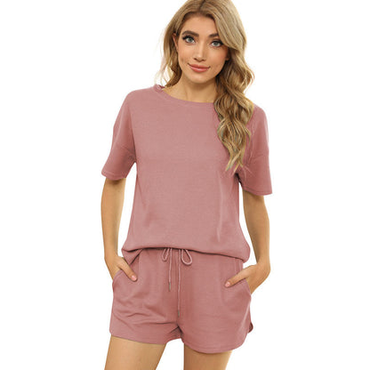 Short-sleeved Two-piece Threaded Sports Round Neck Casual Home Wear
