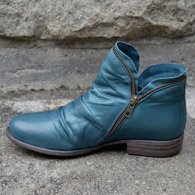 Round Toe Chunky Heel Double Zipper Ankle Boots