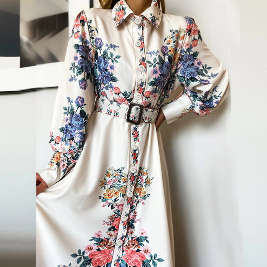 Printed Long-Sleeved Mid-Length Hepburn Style Dress