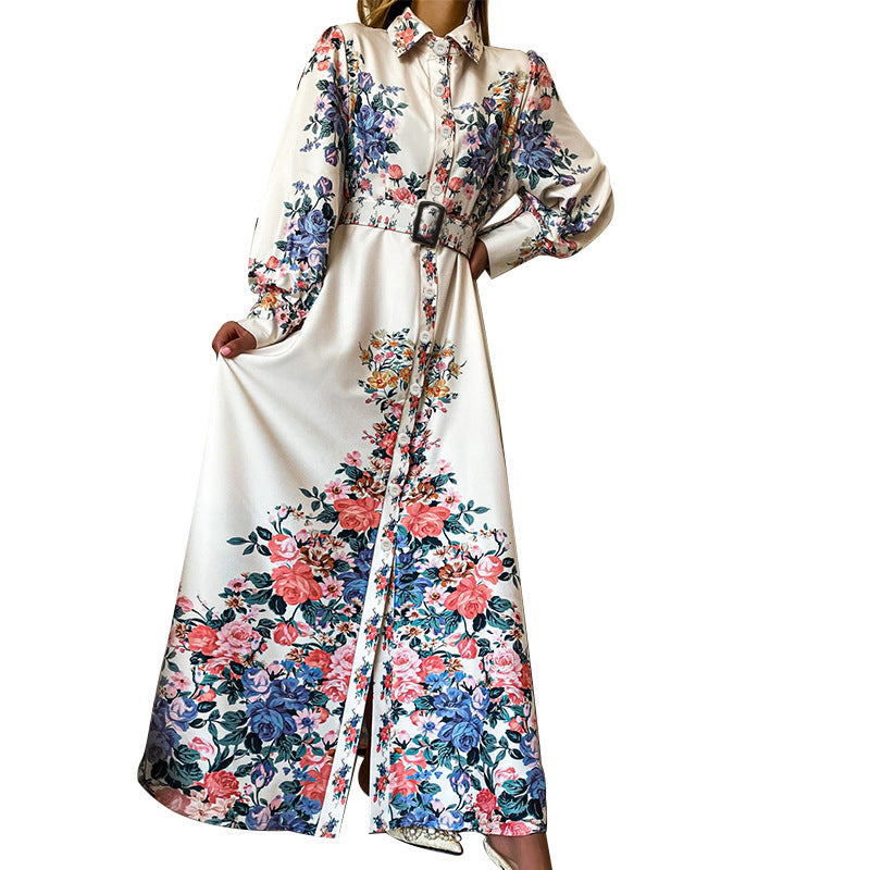 Printed Long-Sleeved Mid-Length Hepburn Style Dress