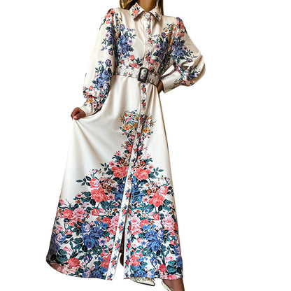 Printed Long-Sleeved Mid-Length Hepburn Style Dress