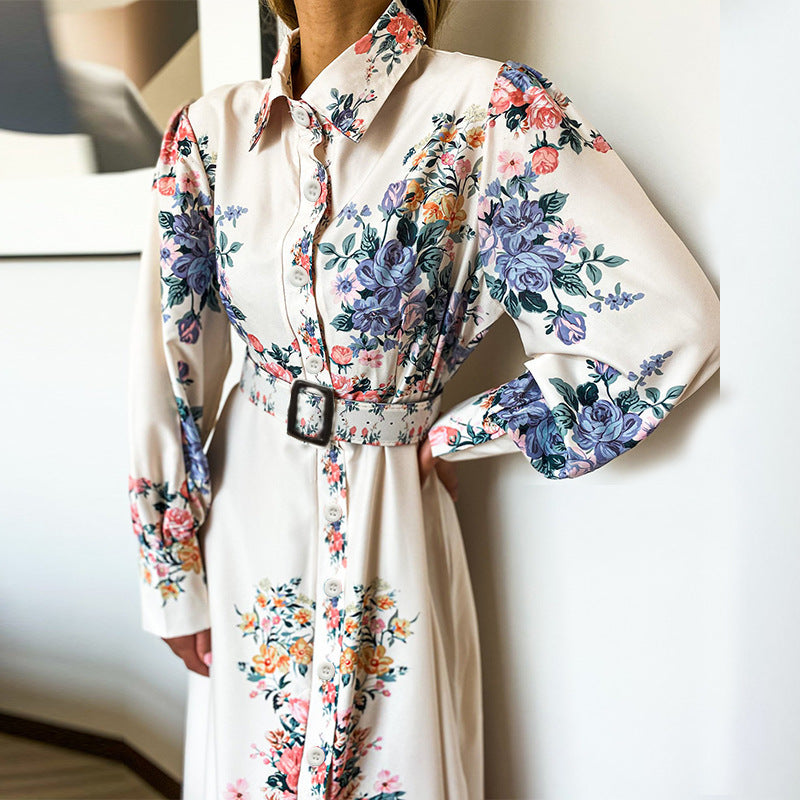 Printed Long-Sleeved Mid-Length Hepburn Style Dress