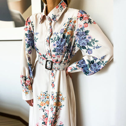 Printed Long-Sleeved Mid-Length Hepburn Style Dress