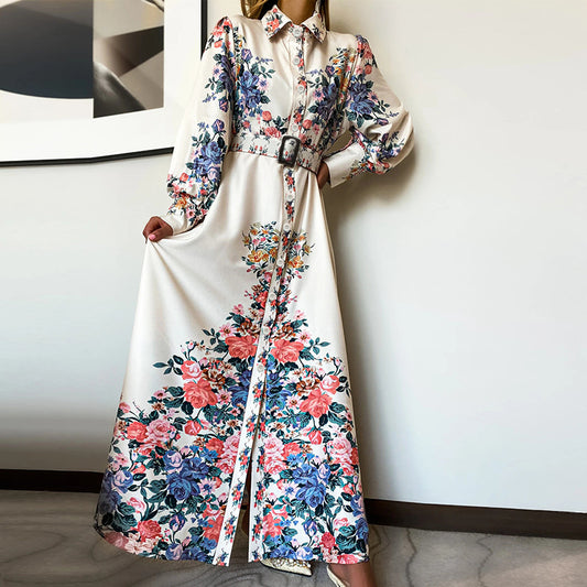 Printed Long-Sleeved Mid-Length Hepburn Style Dress